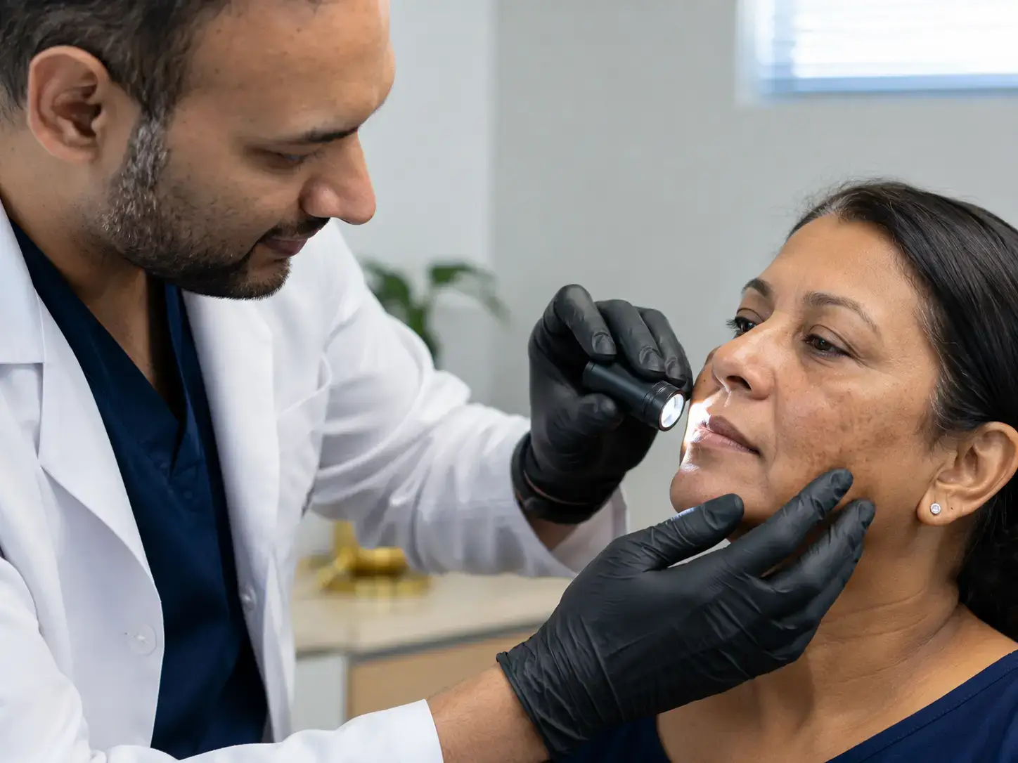 Dr. Rajeev Bangalee examining pigmentation on a patient's cheek under a dermatological light, Durban North