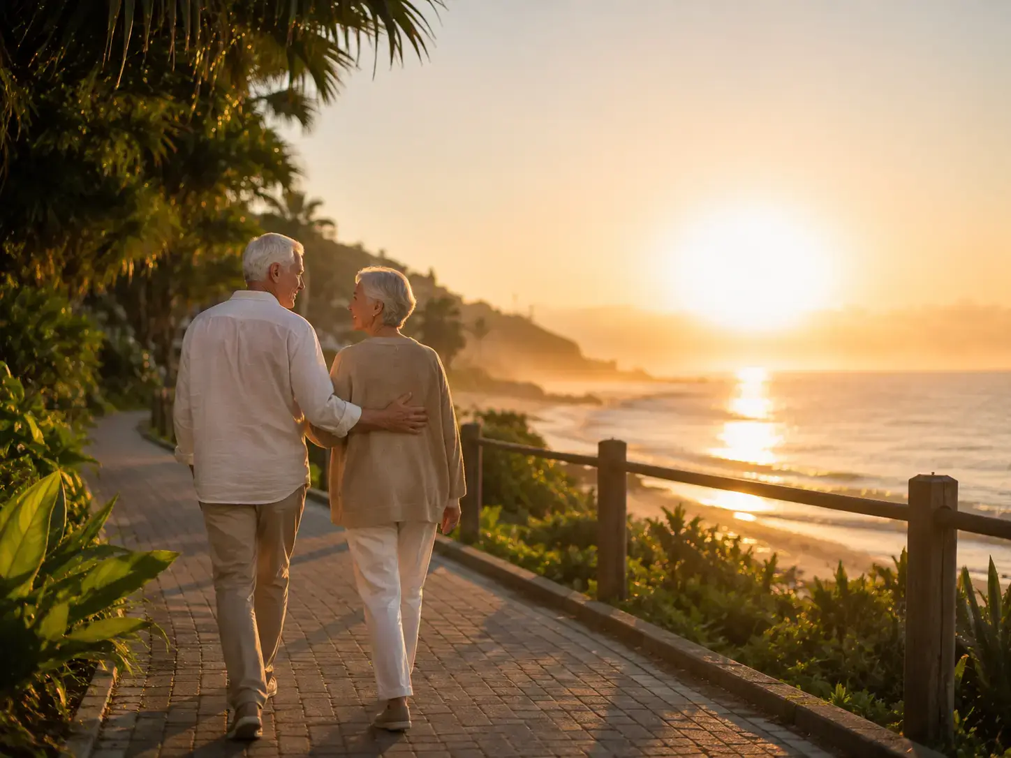 Healthy retired couple walking at sunrise over the sea — glutathione and vitamin C drip, Durban North